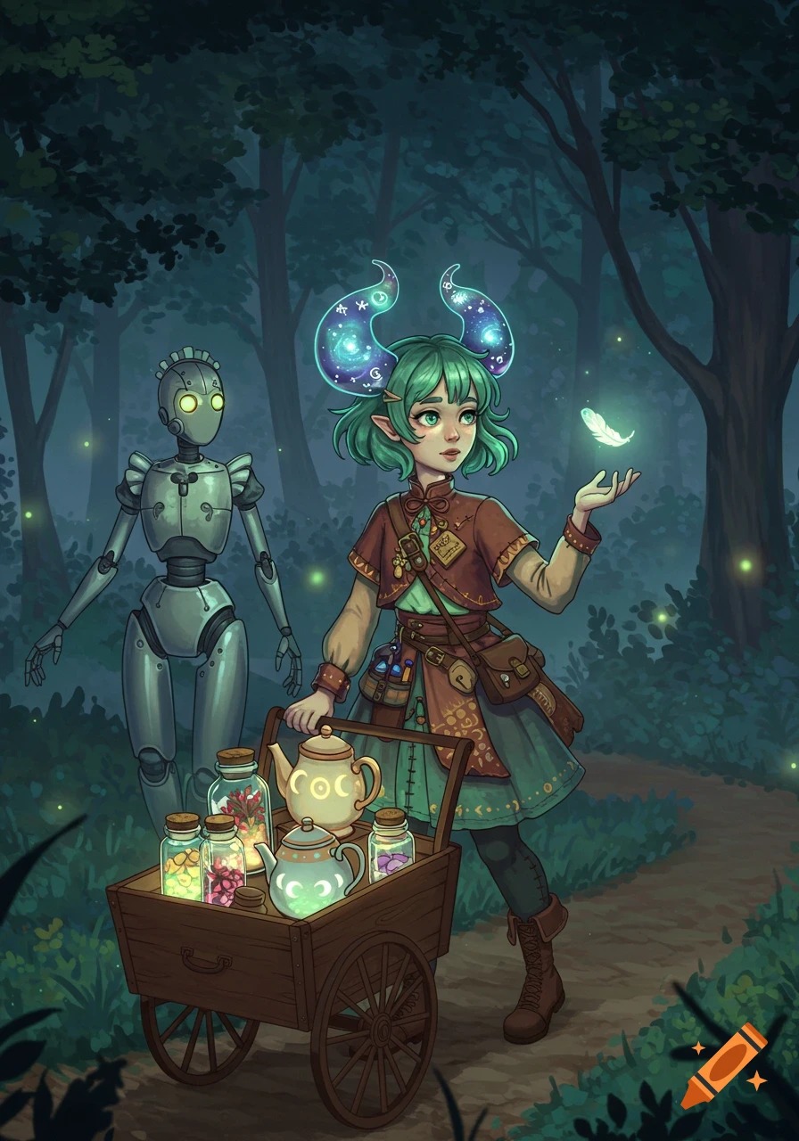 A whimsical, painterly image of a green-haired warlock girl with glowing celestial horns, pushing a tea cart through a misty forest at twilight, accompanied by an elegant robot maid.