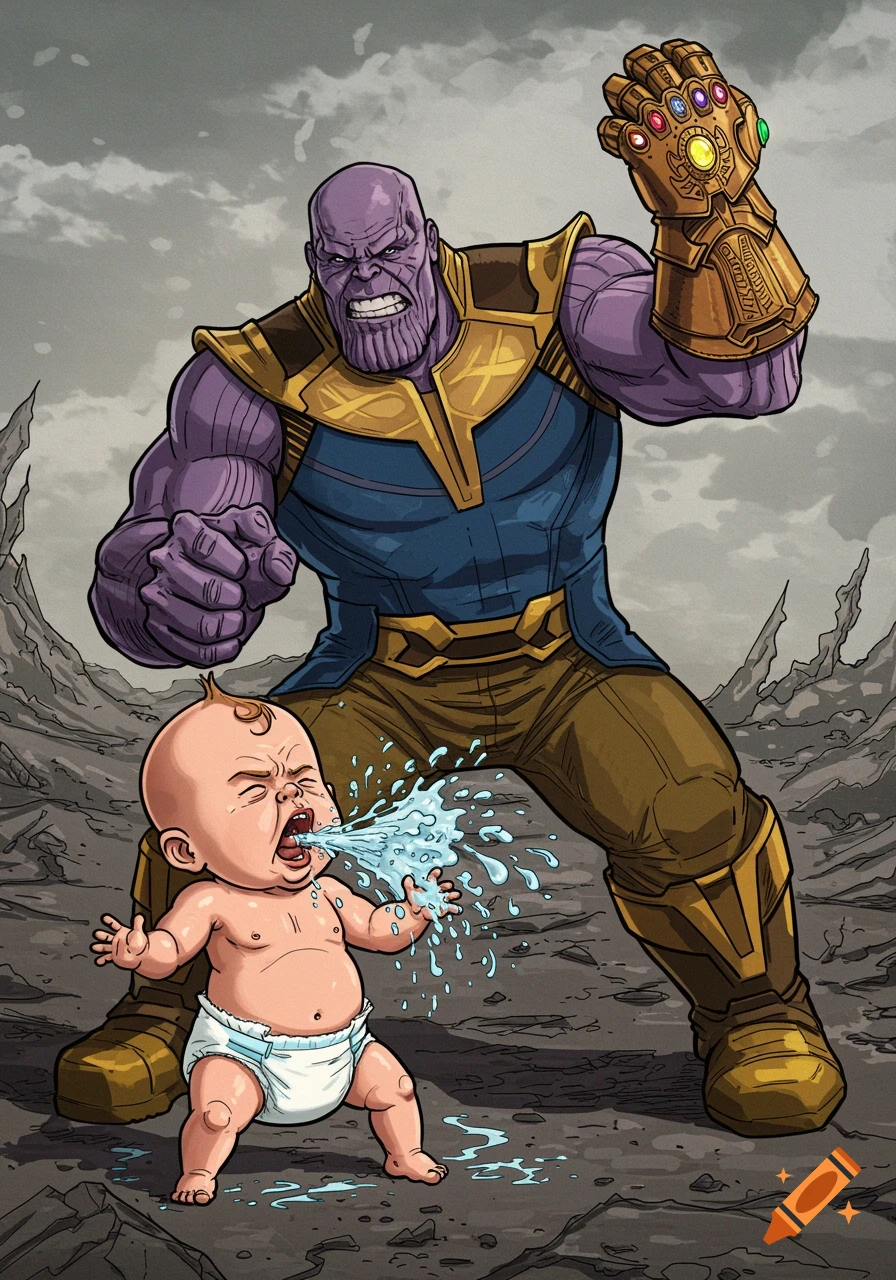 Cartoon illustration of Thanos in armor standing over a baby spitting water.