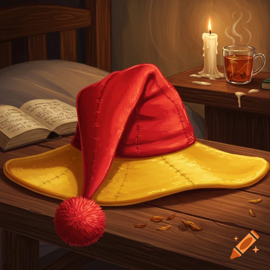 A red nightcap with a yellow brim and pom-pom rests on a wooden table next to an open book, a lit candle, and a steaming mug.