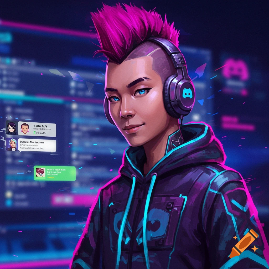 Digital art portrait of a person with pink mohawk, blue eyes, headphones, and a hoodie in a neon cyber background.
