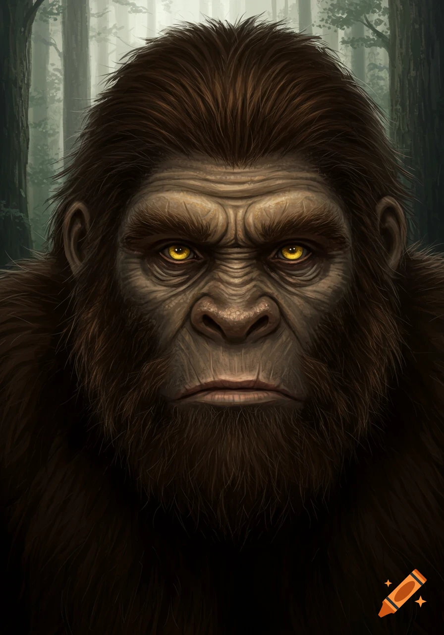 A close-up, realistic portrait of Bigfoot with shaggy brown fur and piercing yellow eyes, set against a forest background.