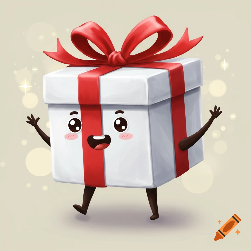 A cheerful white cartoon gift box with a red bow, arms, legs, big eyes, and a smiling mouth, standing happily.