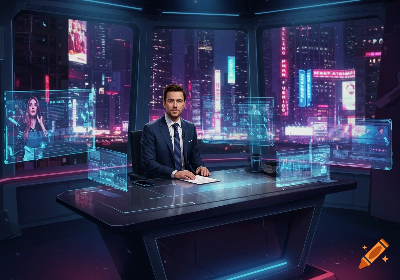A male news anchor sits at a modern desk in a futuristic news studio with holographic screens, against a backdrop of a neon-lit city at night.