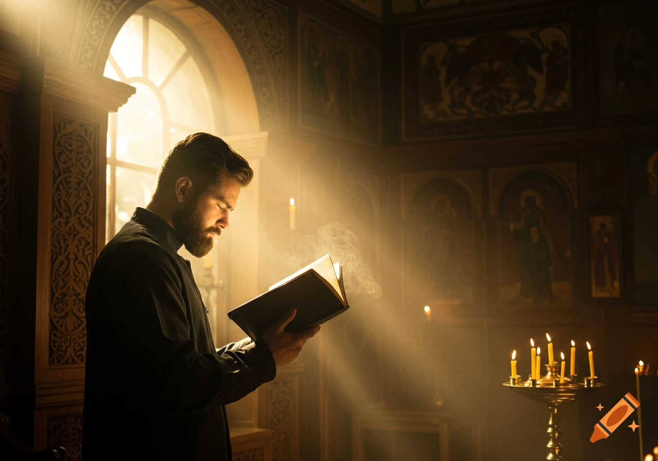 A bearded man in dark robes reads an open book, bathed in golden light from a window in a dimly lit church.
