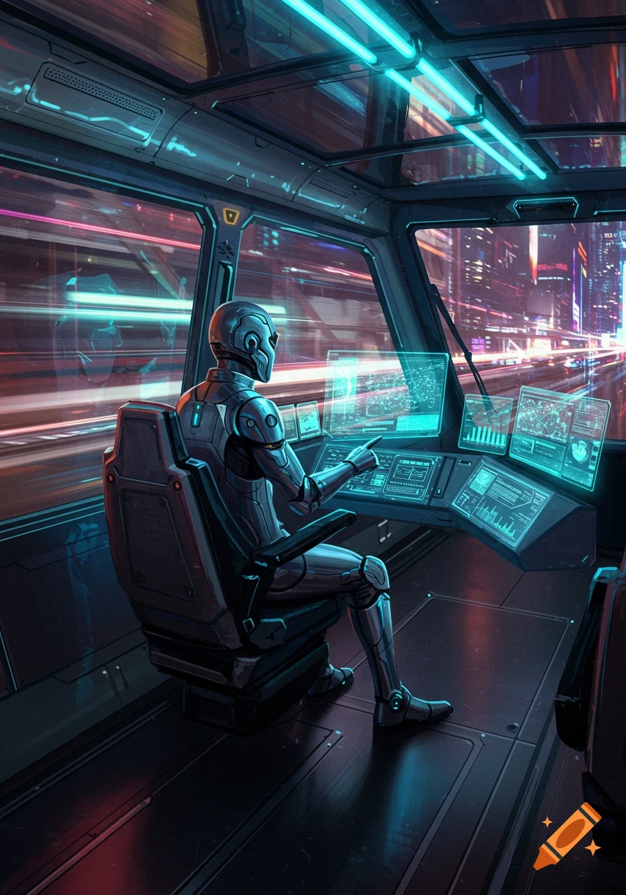 A robot operates controls in the cockpit of a futuristic vehicle speeding through a neon-lit city at night.