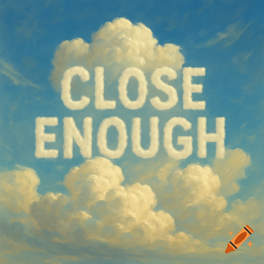 White clouds form the words 'CLOSE ENOUGH' against a blue sky in a painterly style.