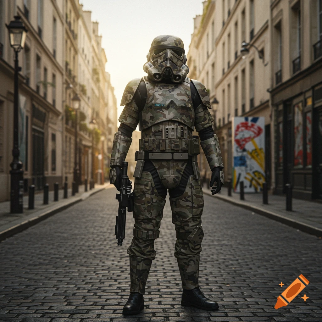 A camouflage-clad Stormtrooper stands in the middle of a cobblestone street lined with buildings at sunset.