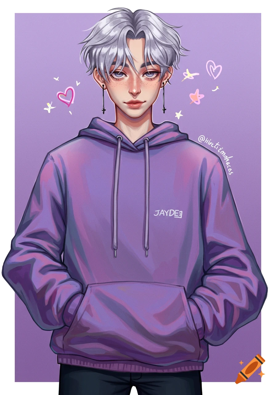 Stylized portrait of a young man with silver hair and a purple hoodie against a lavender background with doodles.
