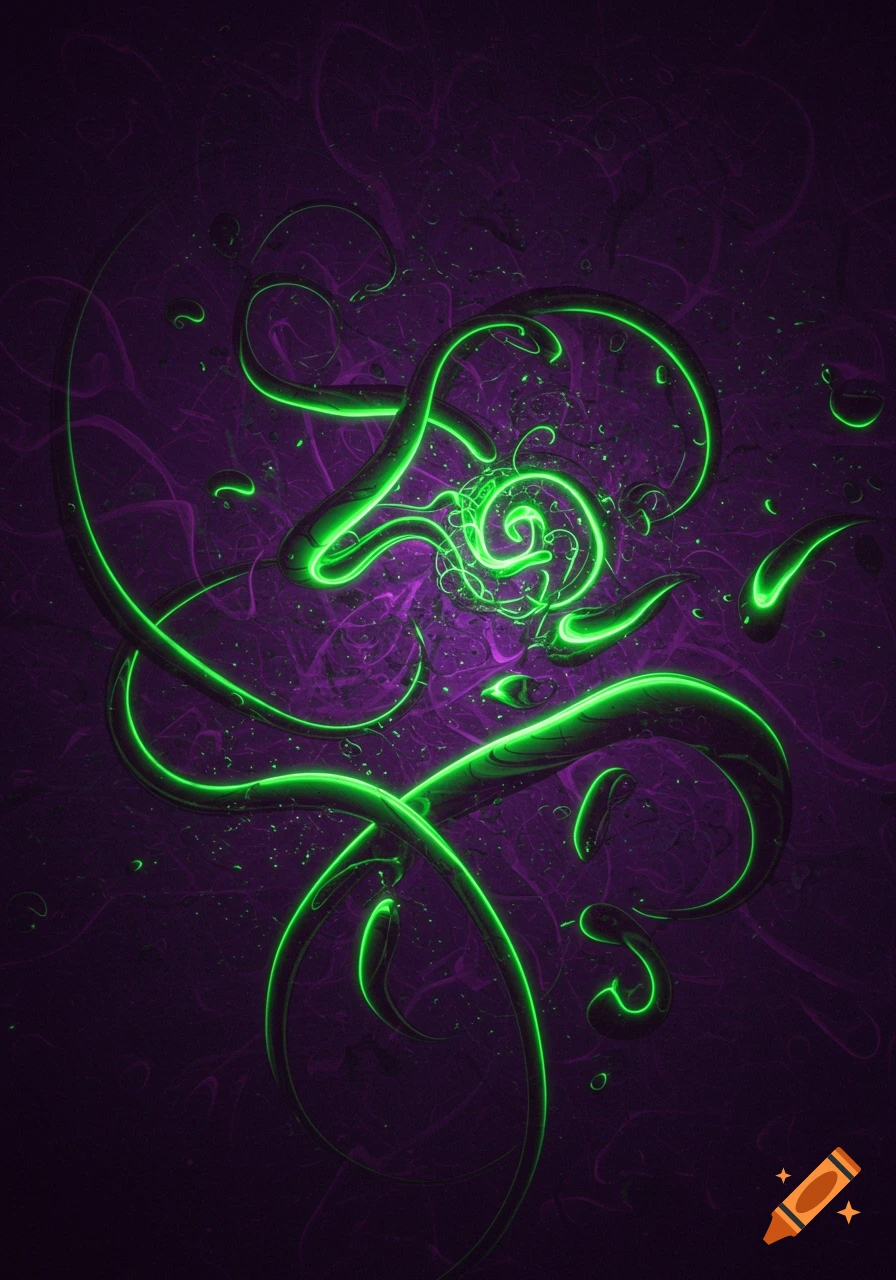 Abstract digital art with glowing neon green lines swirling against a dark purple background.