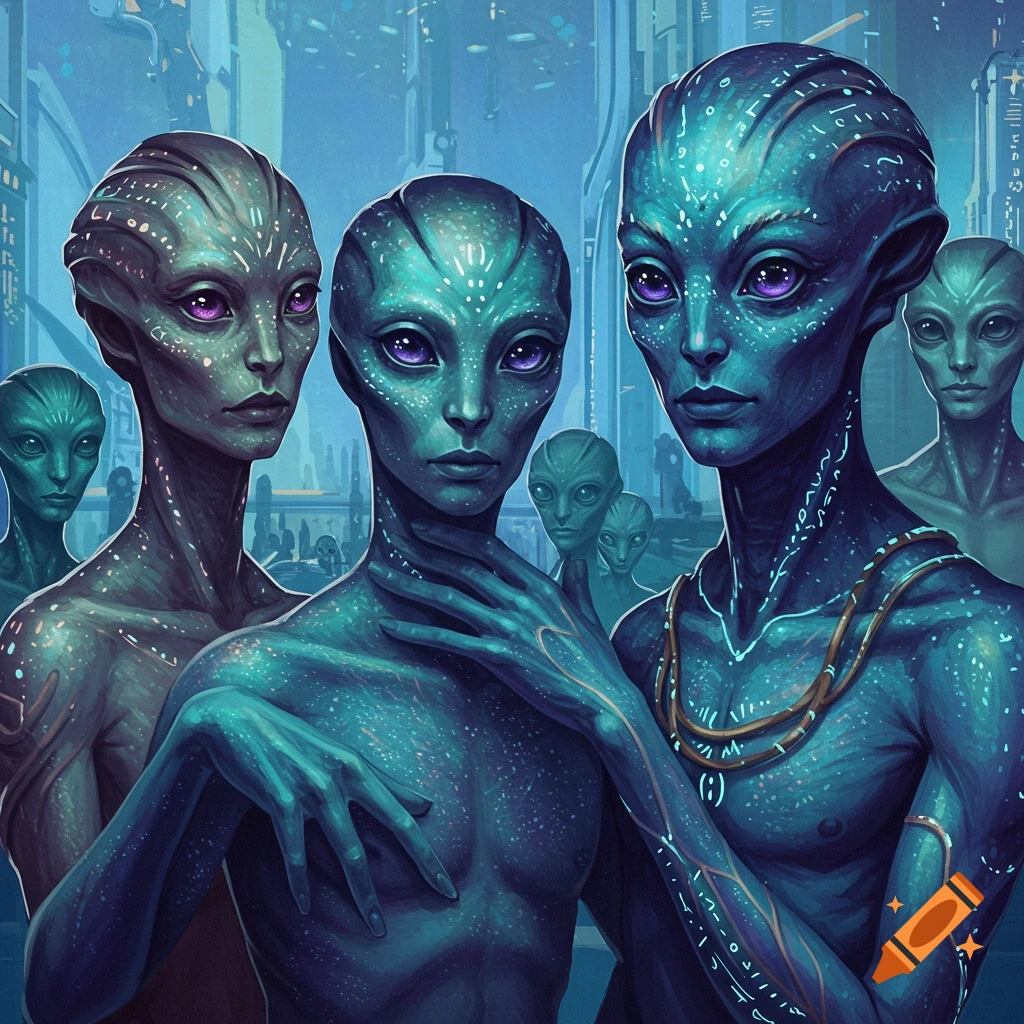 A group of blue-skinned, humanoid aliens with large purple eyes stand in a futuristic city, adorned with glowing patterns.