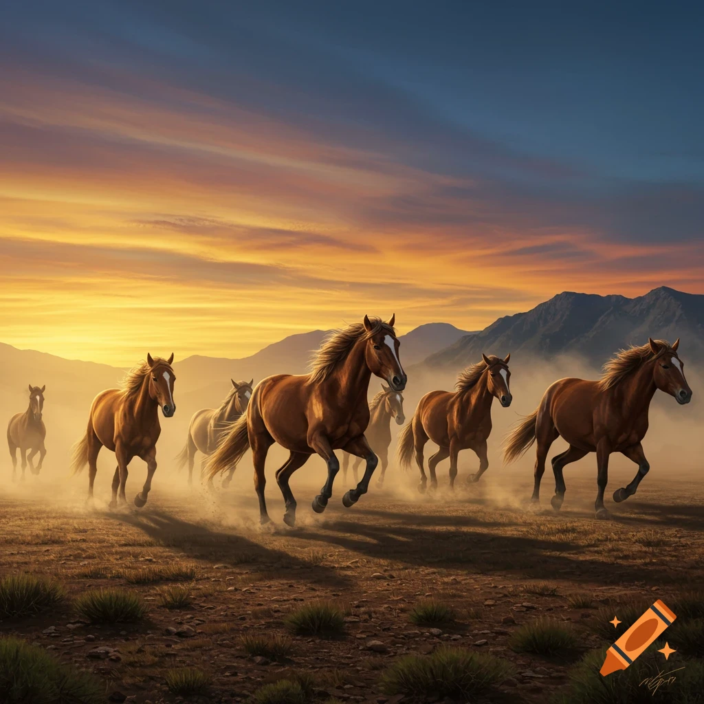 Wild horses gallop through a dusty plain at sunset with mountains in the background.