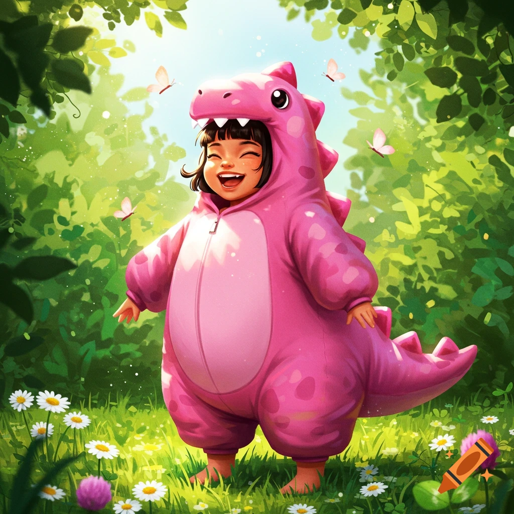 A joyful girl in a pink dinosaur costume stands in a sunny green meadow with butterflies and flowers, illustration.