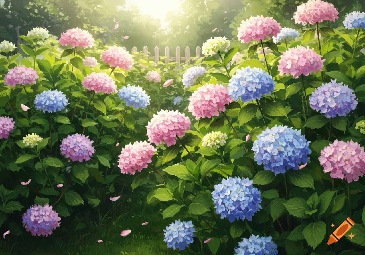 Vibrant pink, blue, and purple hydrangeas bloom in a sunny garden with a white picket fence in the background.
