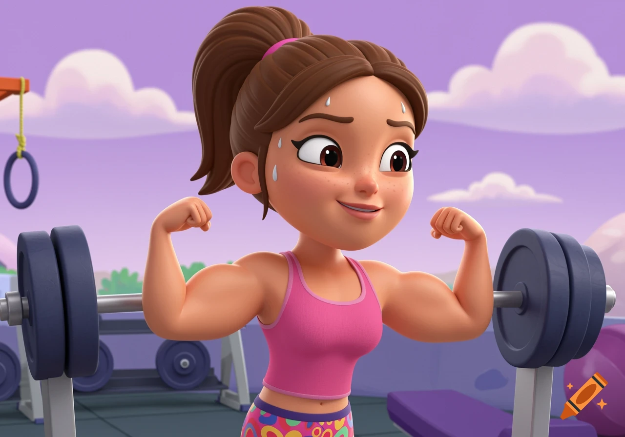 A cartoon girl with brown hair in a ponytail and a pink top flexes her biceps at a gym, with dumbbells and purple clouds in the background.
