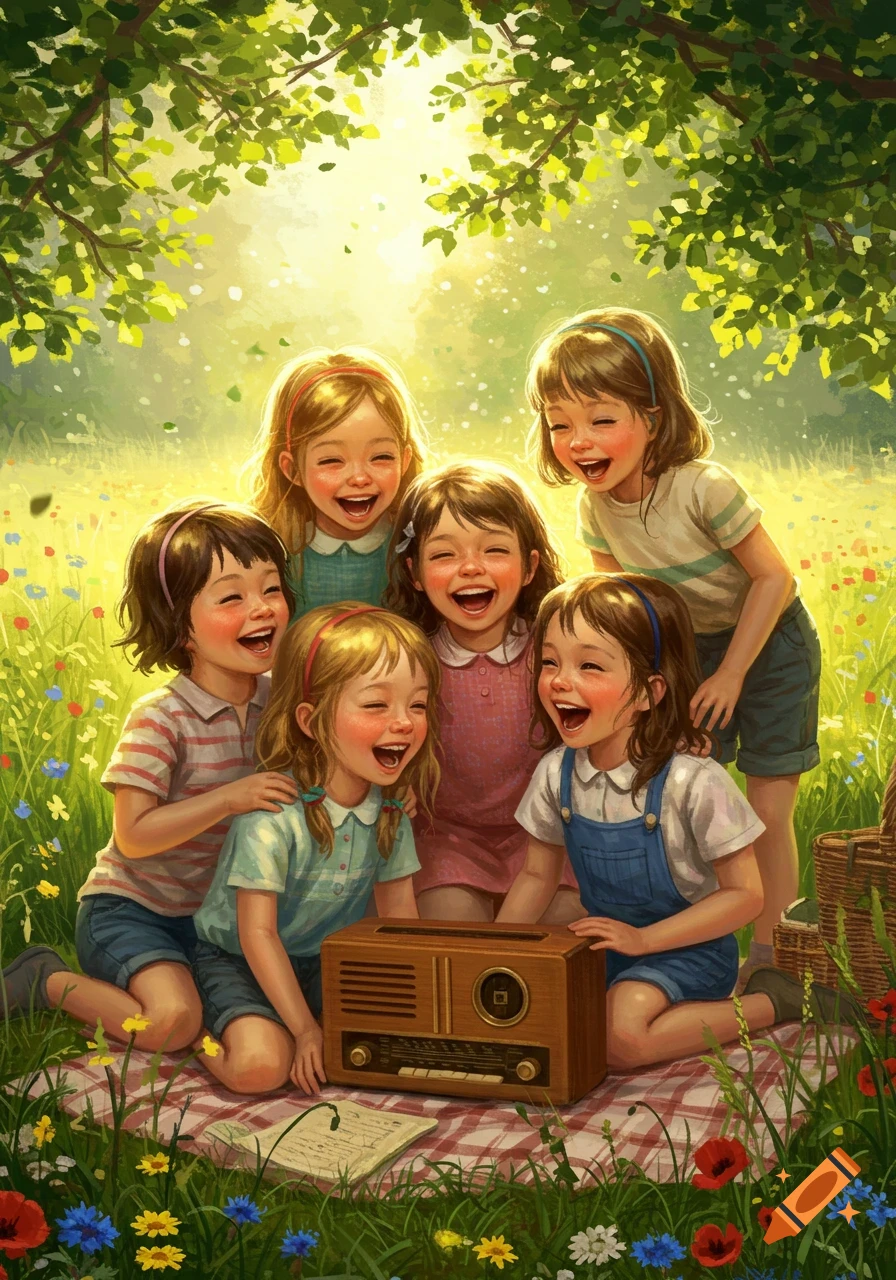 Six joyful young girls laugh around a vintage radio on a picnic blanket in a sunny, green field with wildflowers, rendered in a colorful illustration style.