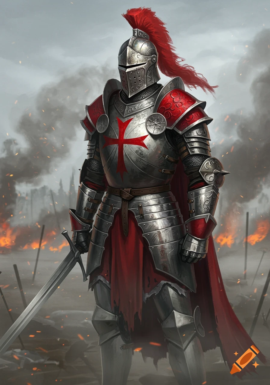 A knight in shining armor with a red helmet plume and red cross on his chest stands in a smoky, fiery battlefield holding a sword.
