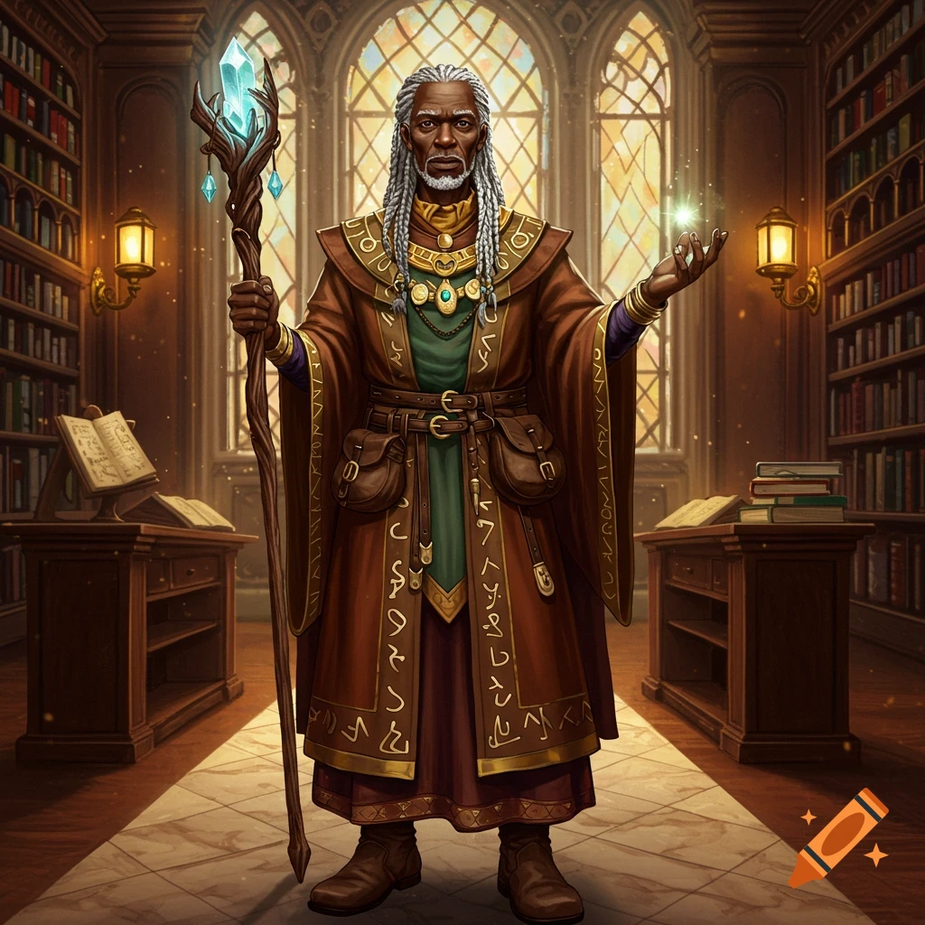 An old Black man with white dreadlocks, dressed as a wizard in a brown and green robe, holding a glowing staff, stands in a grand library.