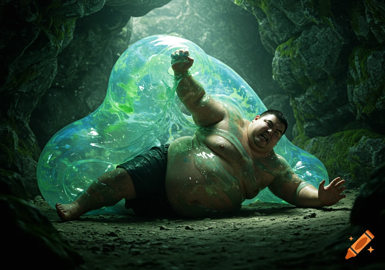A chubby man lies on his back in a dark cave, struggling against a large, translucent green slime engulfing his lower torso, arms raised in resistance.