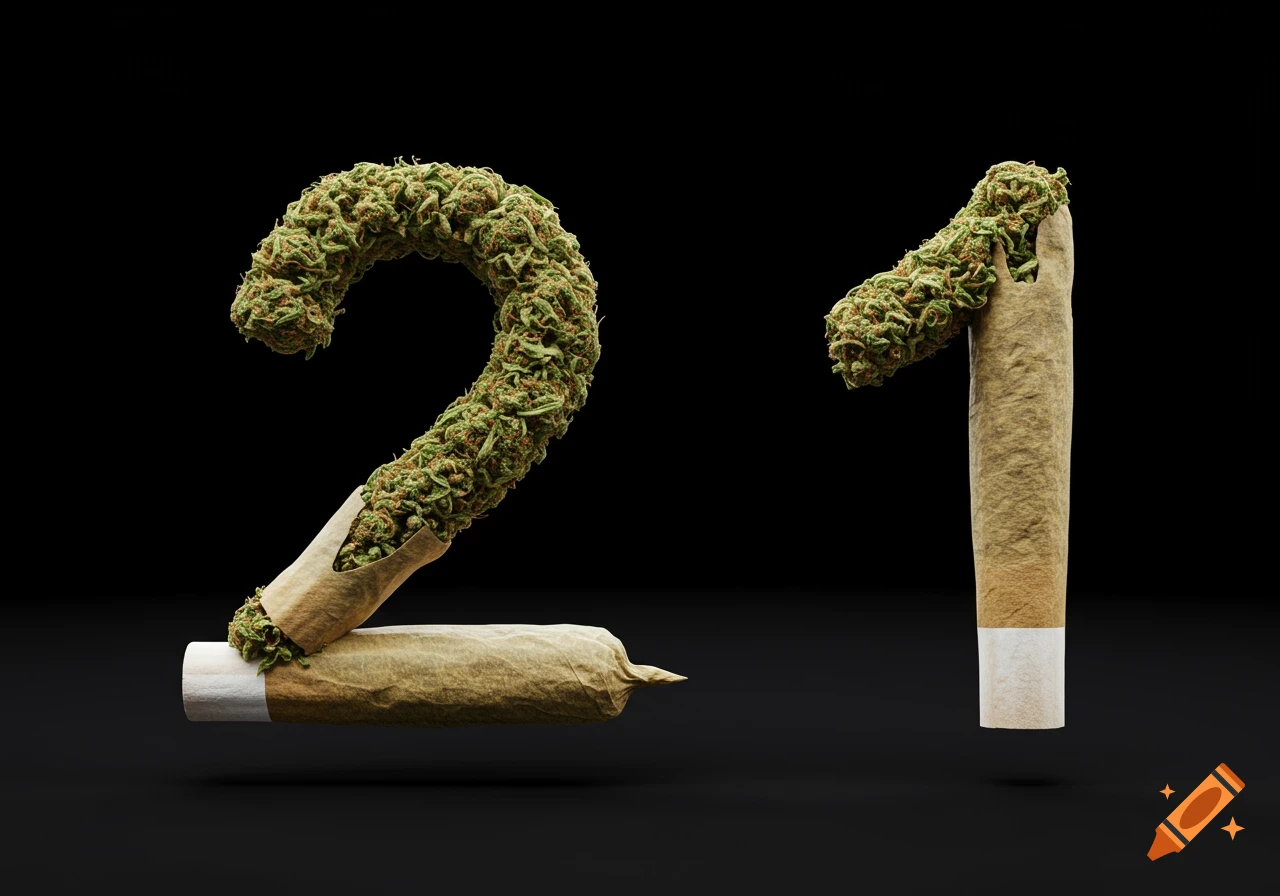 Hyper-realistic image of two cannabis joints shaped like the numbers 2 and 1 on a black background.
