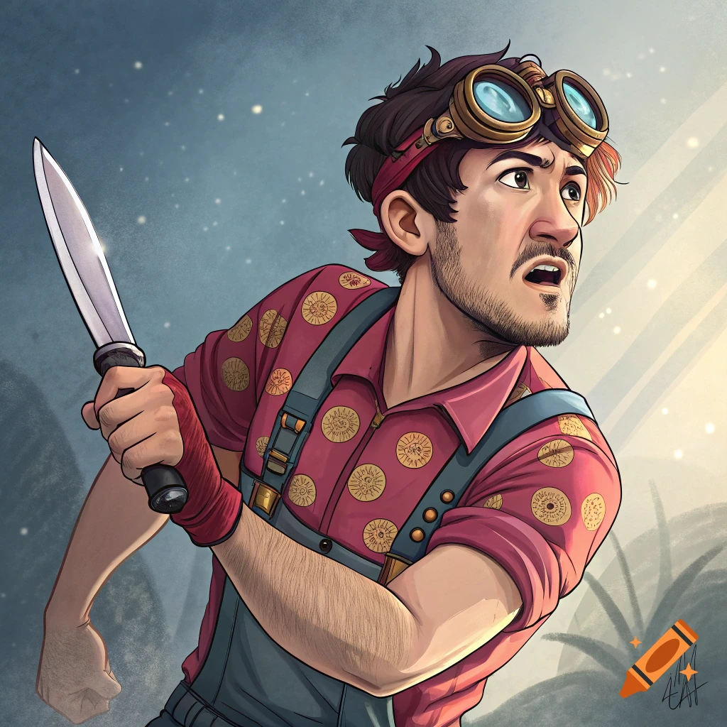 A stylized illustration of Markiplier, holding a knife, looking surprised against a background of light rays.