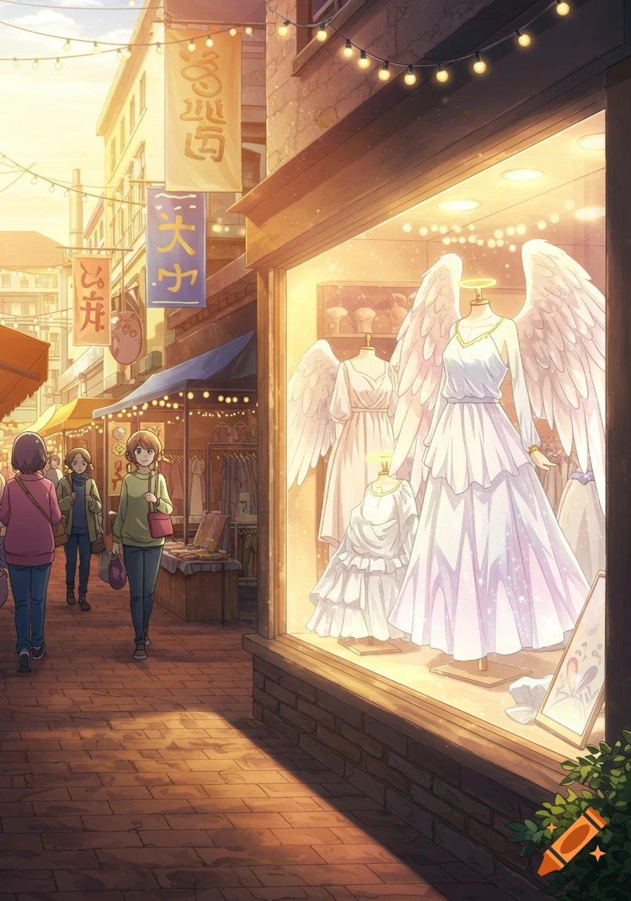 An anime-style street market at sunset, with people walking past an angel costume shop featuring white dresses with large wings and halos.