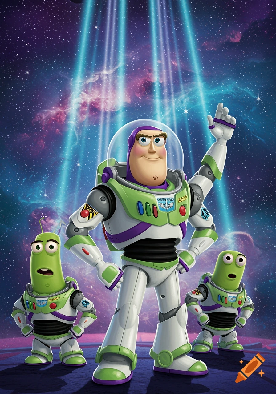 Buzz Lightyear and two small green alien-like characters in space suits against a vibrant space background.