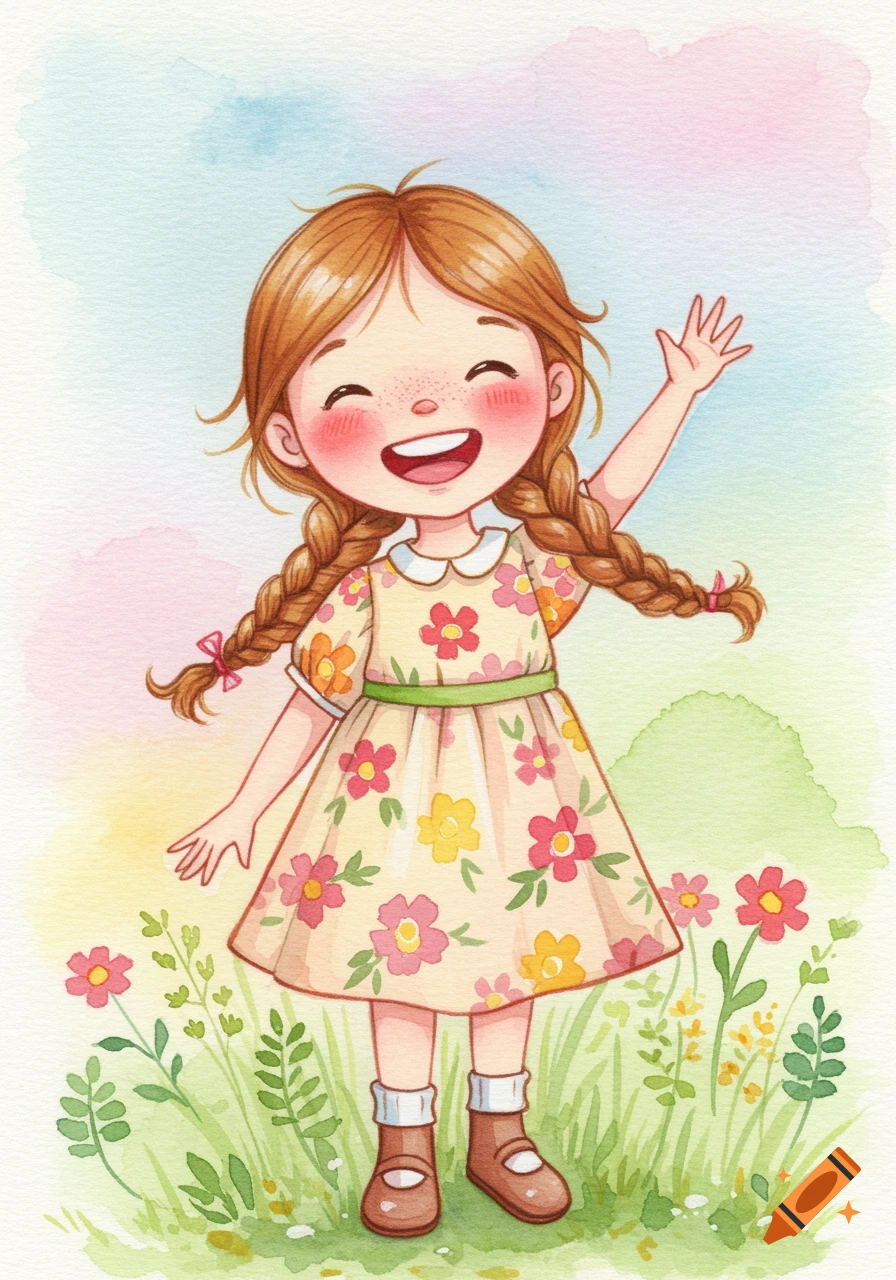 A happy little girl with braids and a floral dress waves in a watercolor illustration.