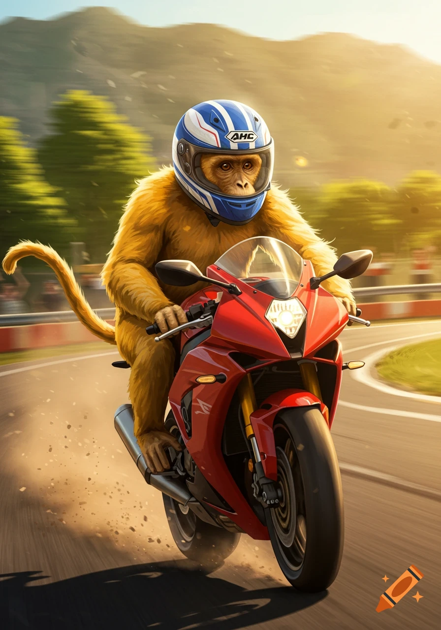 A monkey in a blue and white racing helmet rides a red sport motorcycle on a sunny race track with motion blur.