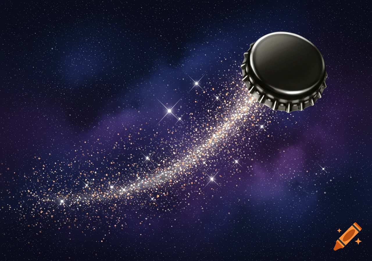 A glossy dark bottle cap flies through a starlit galaxy, leaving a sparkling trail. The background is deep navy with purple and white stars.