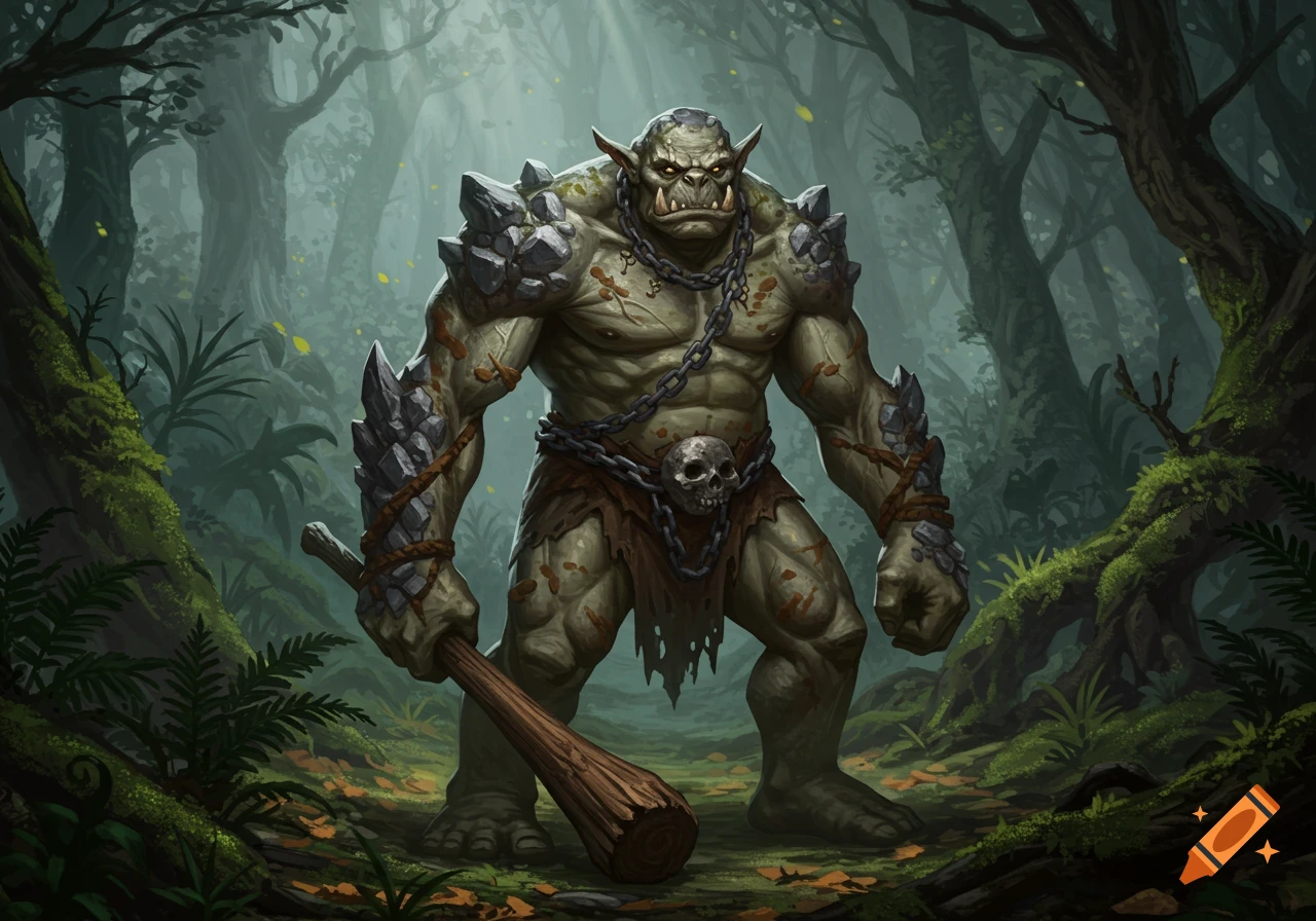 A muscular, green-skinned ogre wearing chains and a skull, holding a club, stands in a misty, sunlit forest. Illustrated.