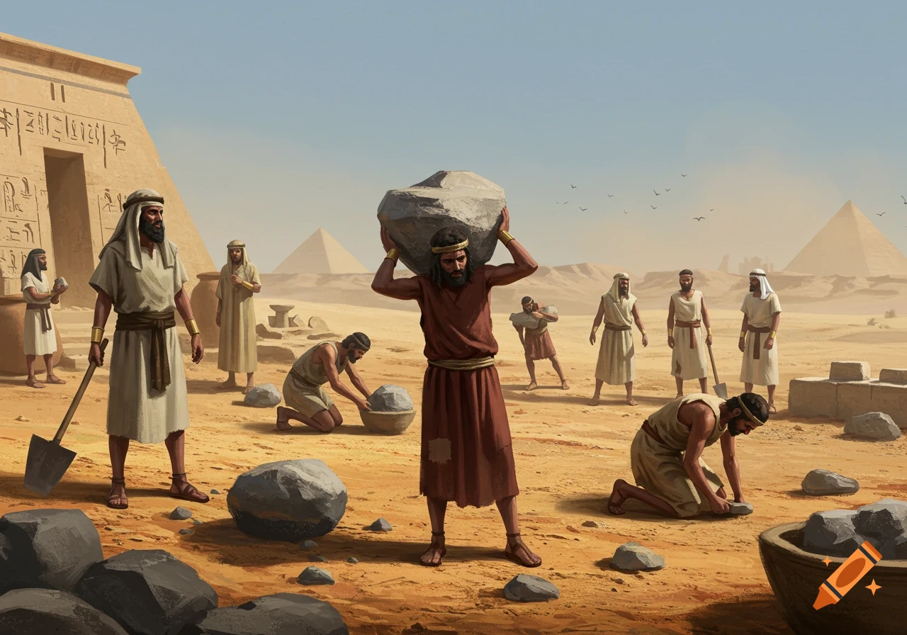 Ancient men perform forced labor in a desert with pyramids and an Egyptian temple. One carries a large rock, others dig or collect stones.