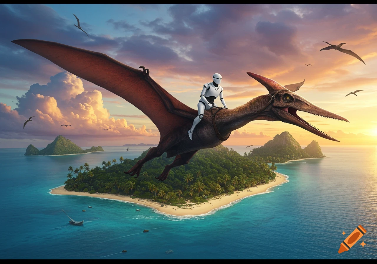 A white robot rides a pterodactyl over lush tropical islands and a turquoise ocean at sunset.