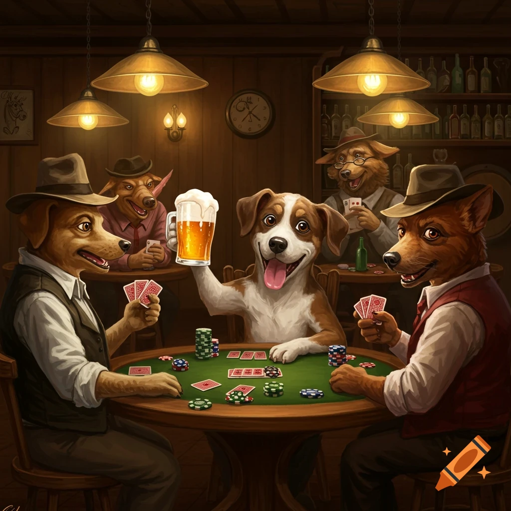 Anthropomorphic dogs wearing hats and vests play poker at a pub table, one dog raising a beer mug in a cheerful, painted style.