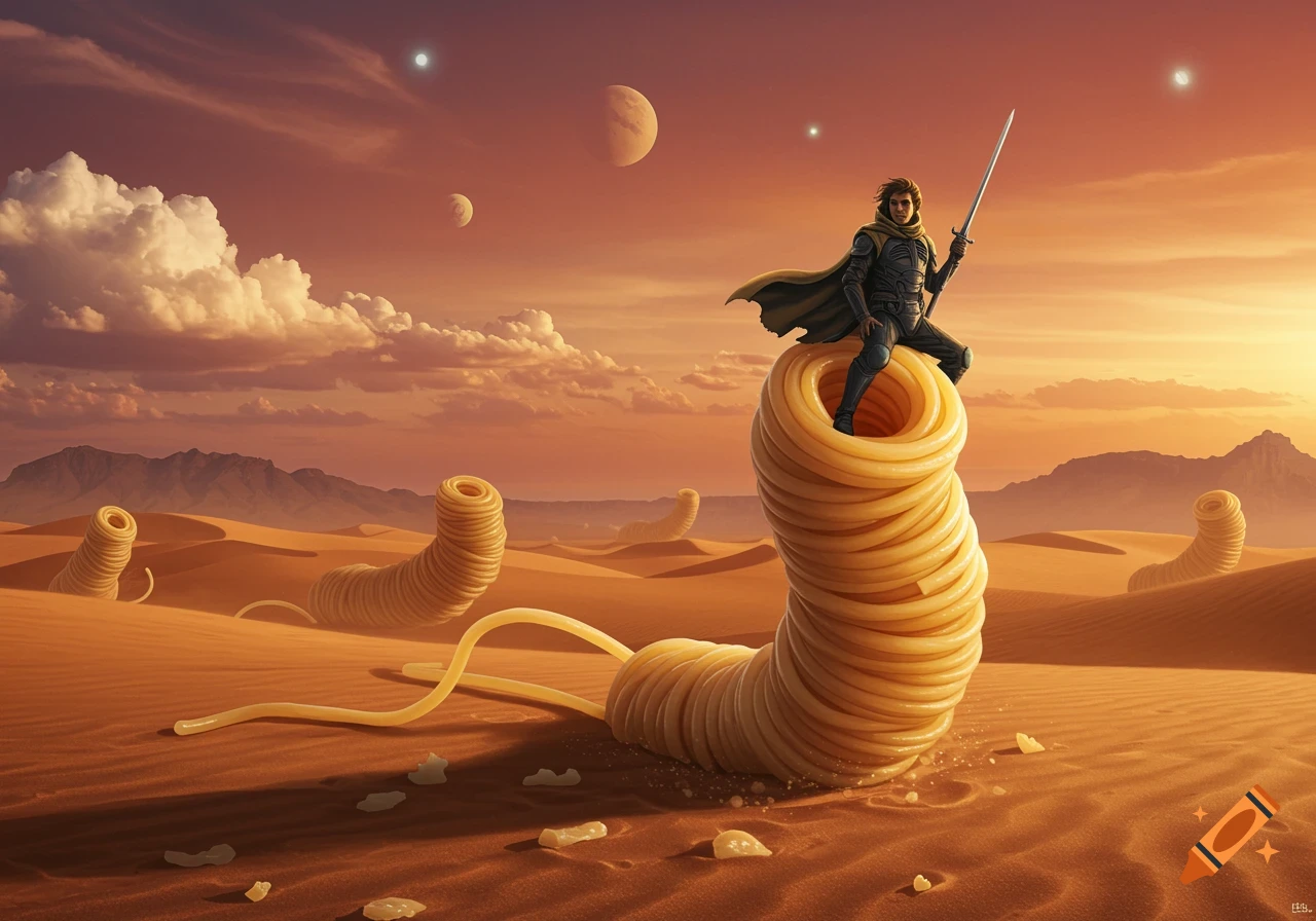A figure resembling Paul Atreides rides a giant spaghetti noodle creature across a vast desert landscape with mountains and a red sky with multiple moons.