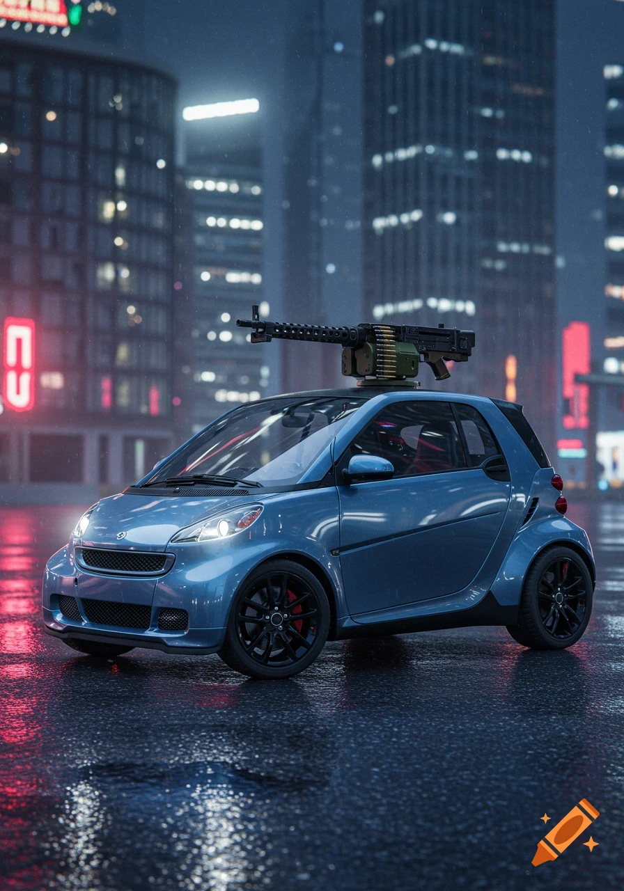 A photorealistic blue Smart car with a large machine gun on its roof, on a wet city street at night with neon lights.