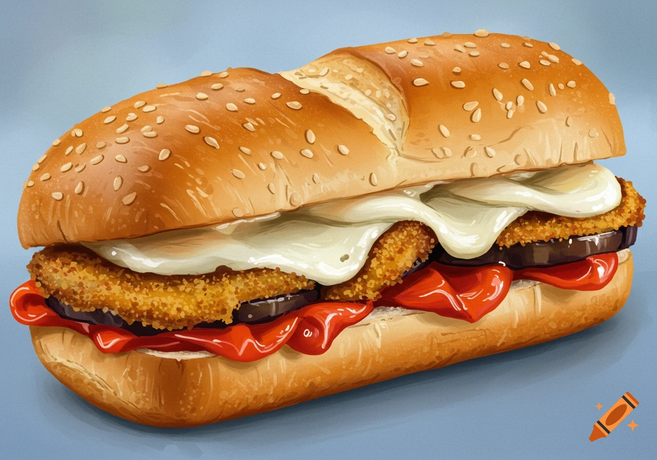 Digital illustration of a fried breaded eggplant, mozzarella, and roasted red pepper sandwich on a seeded hero roll.