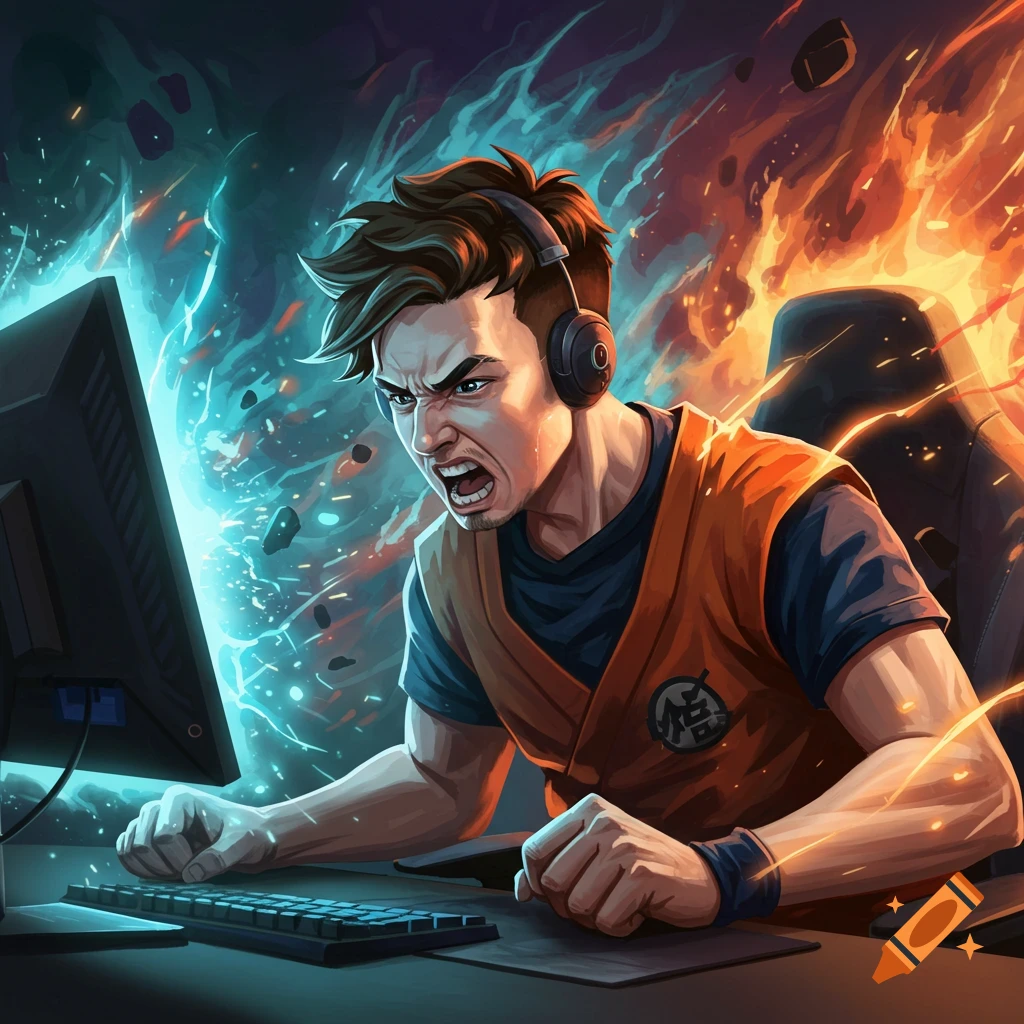 Anime-style illustration of an angry male gamer with headphones, wearing an orange vest, playing a video game at a desk with an intense background.
