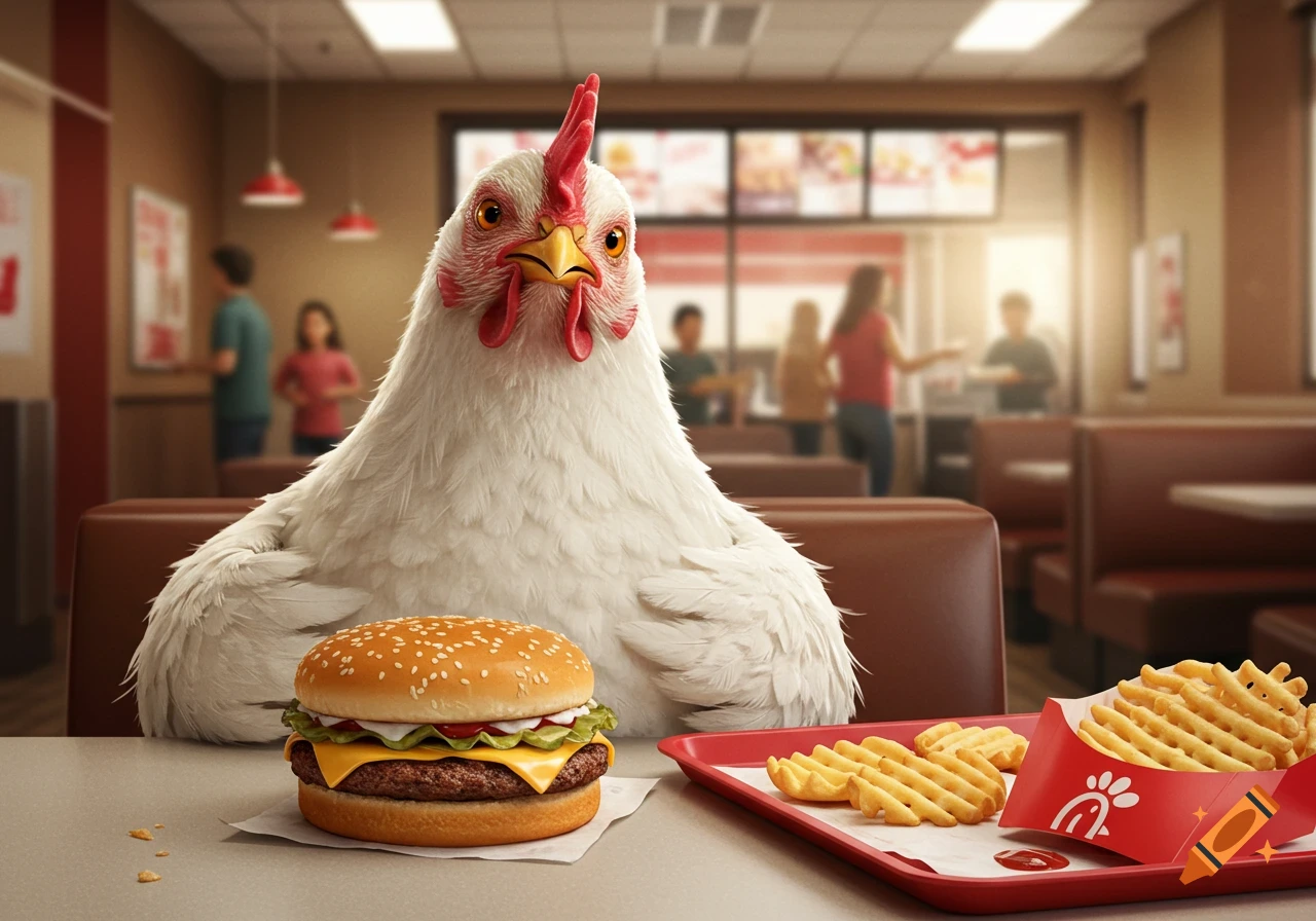 A photorealistic white chicken sits at a fast-food restaurant table with a cheeseburger and waffle fries in front of it.