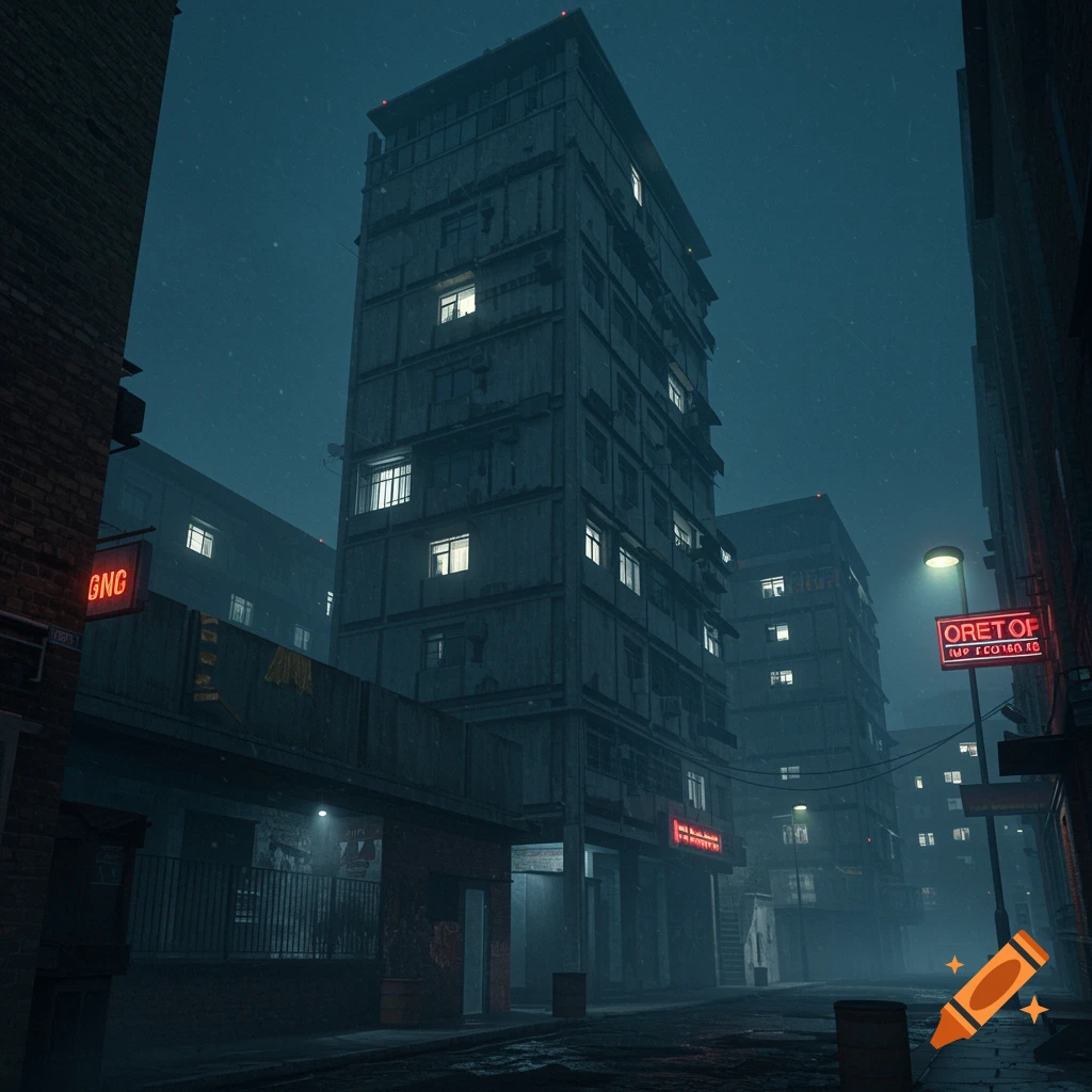 A gritty, gloomy urban street scene at night with tall, dark apartment buildings, glowing windows, and neon signs.