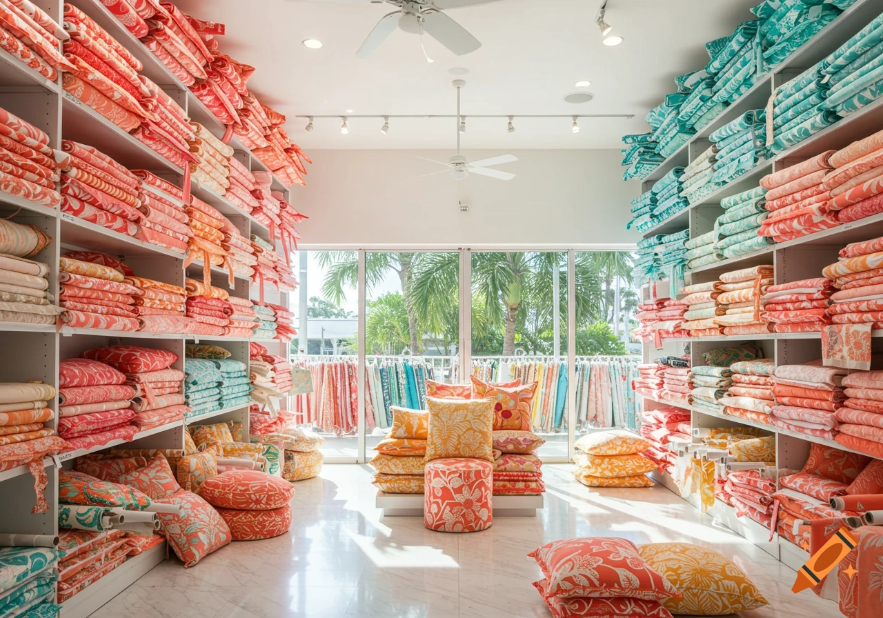 A bright showroom filled with neatly stacked colorful fabrics and pillows on shelves and the floor, with large windows showing palm trees.