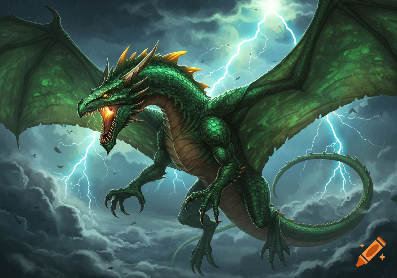 A powerful green dragon with large wings flies through a stormy sky, illuminated by bright lightning bolts.