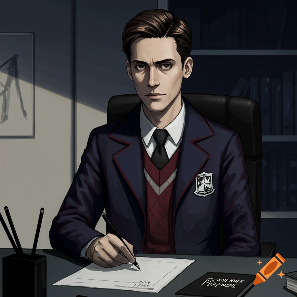 An anime-style illustration of a stern-looking young man with dark hair, wearing a school uniform, sitting at a desk and writing. A book titled 'DEATH NOTE' is on the desk.
