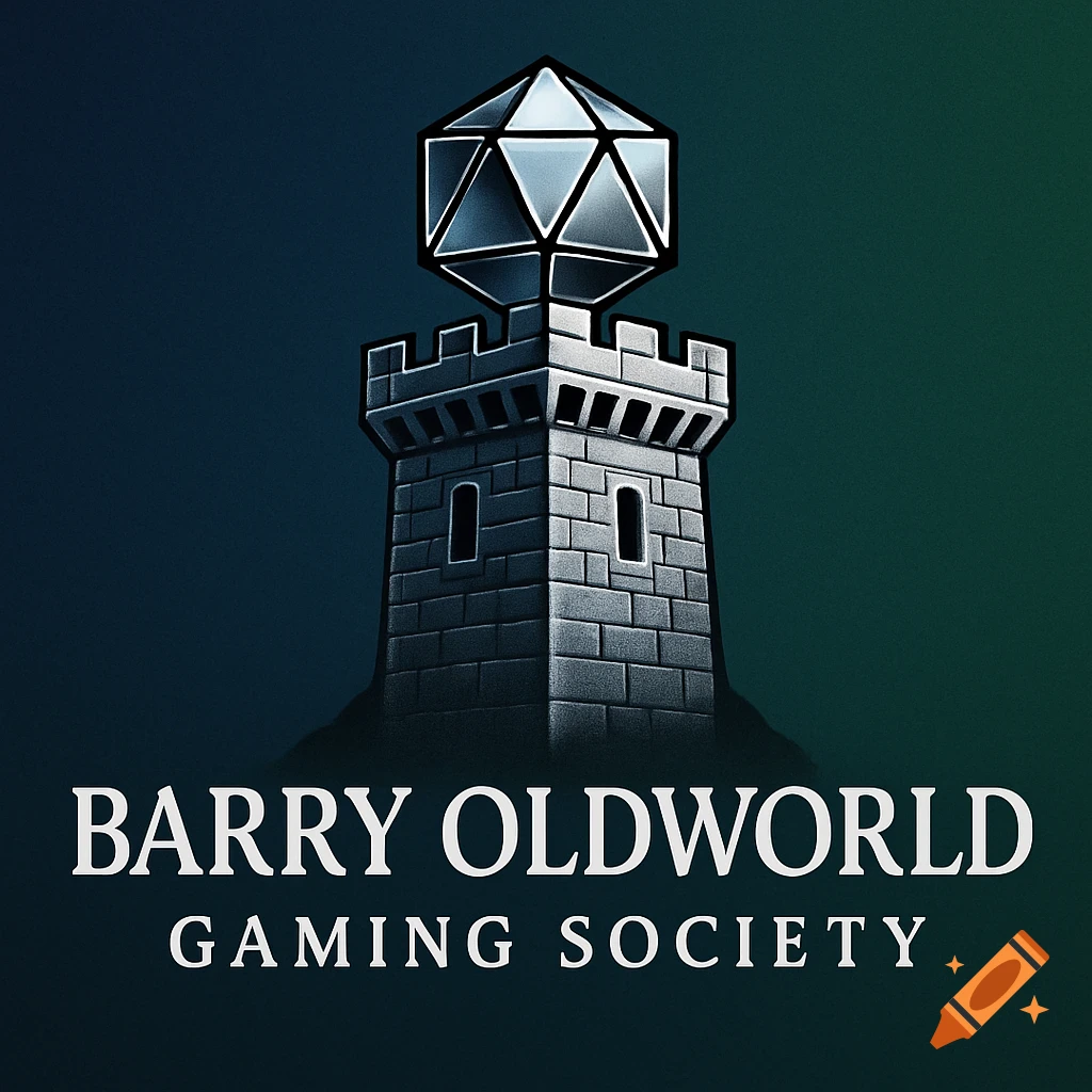 A logo featuring a castle tower topped with a large d20 dice, with the text 'Barry Oldworld Gaming Society' below.
