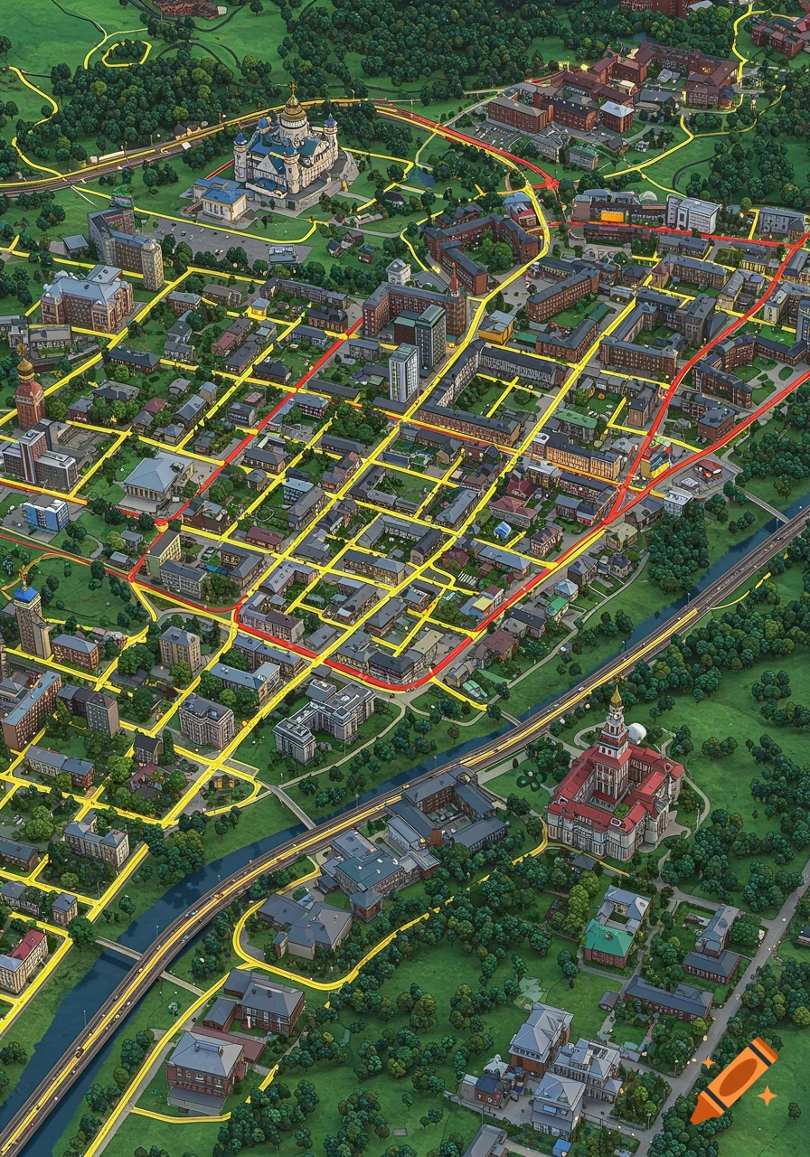 Overhead view of a detailed miniature city model with buildings, trees, rivers, and roads highlighted in yellow and red.