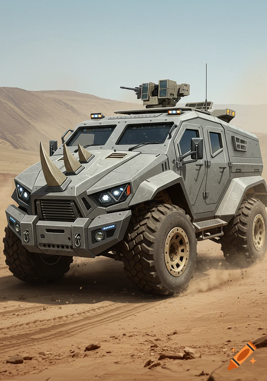 A heavily armored, futuristic grey off-road truck, designed with rhinoceros-like features and a mounted gun, drives through a desert landscape.