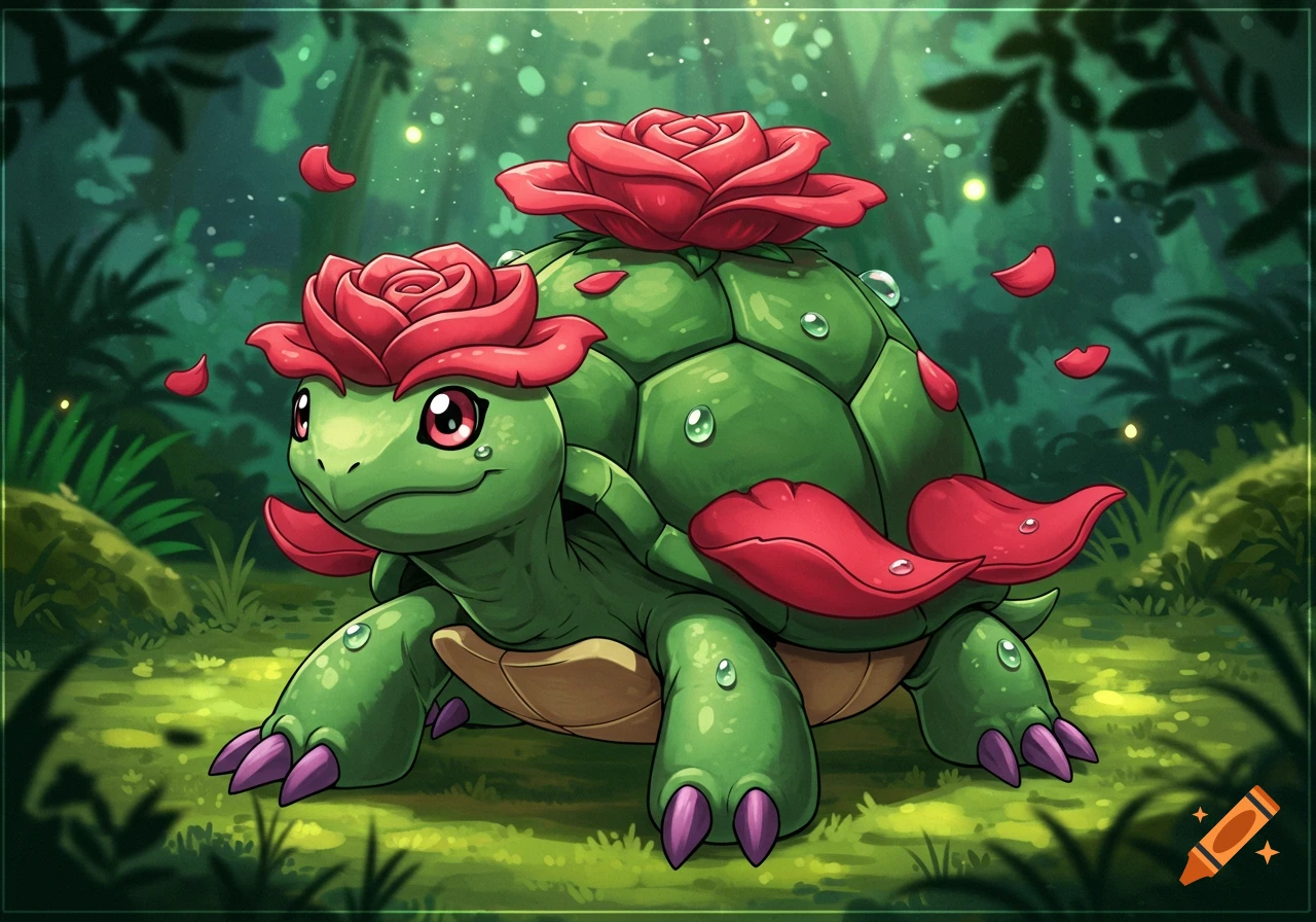 A stylized green turtle creature with red roses on its head and shell sits in a lush, magical forest. Digital illustration.