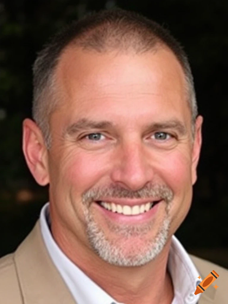 A photorealistic portrait of a smiling middle-aged man with a goatee and short hair.