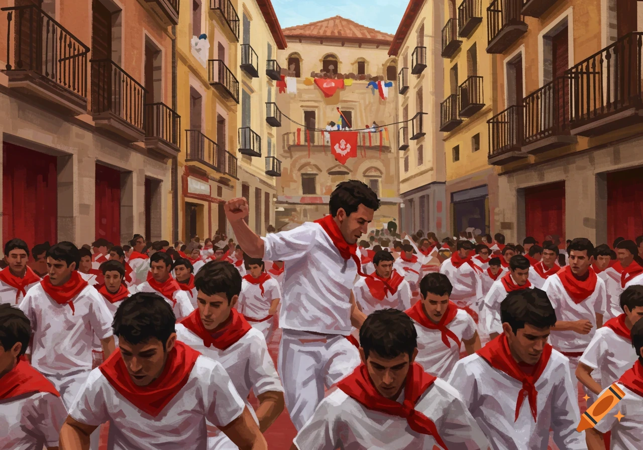 A large crowd of men in white shirts and red scarves running through a narrow street lined with buildings during a festival.