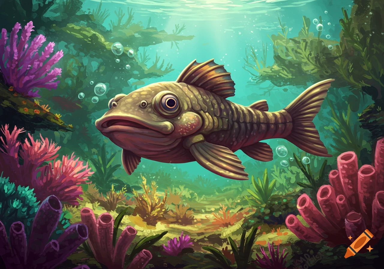 An illustrated underwater scene featuring a large, stylized fish with wide eyes swimming among colorful coral and aquatic plants.