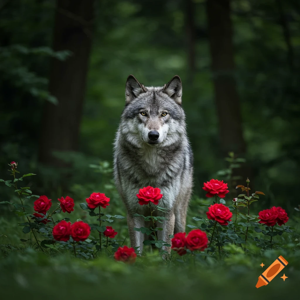 A photorealistic grey wolf stands among red roses in a dark, lush forest.